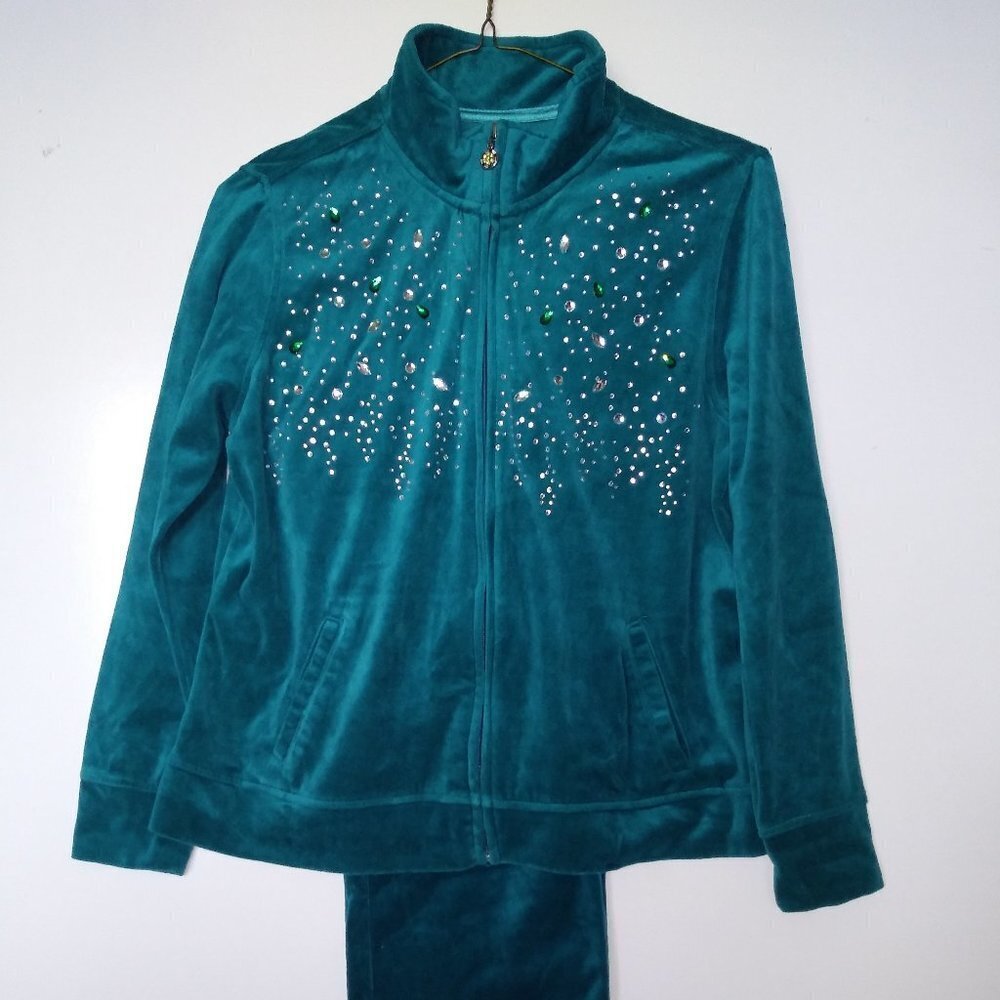 Gorgeous Pajama Set Velvet Womens Sz L Teal Blue Embellished Stretch Full Zip